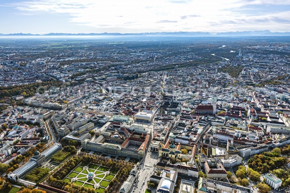 München from above - Old Town area and city center with Bergblick in Munich in the state Bavaria, Germany