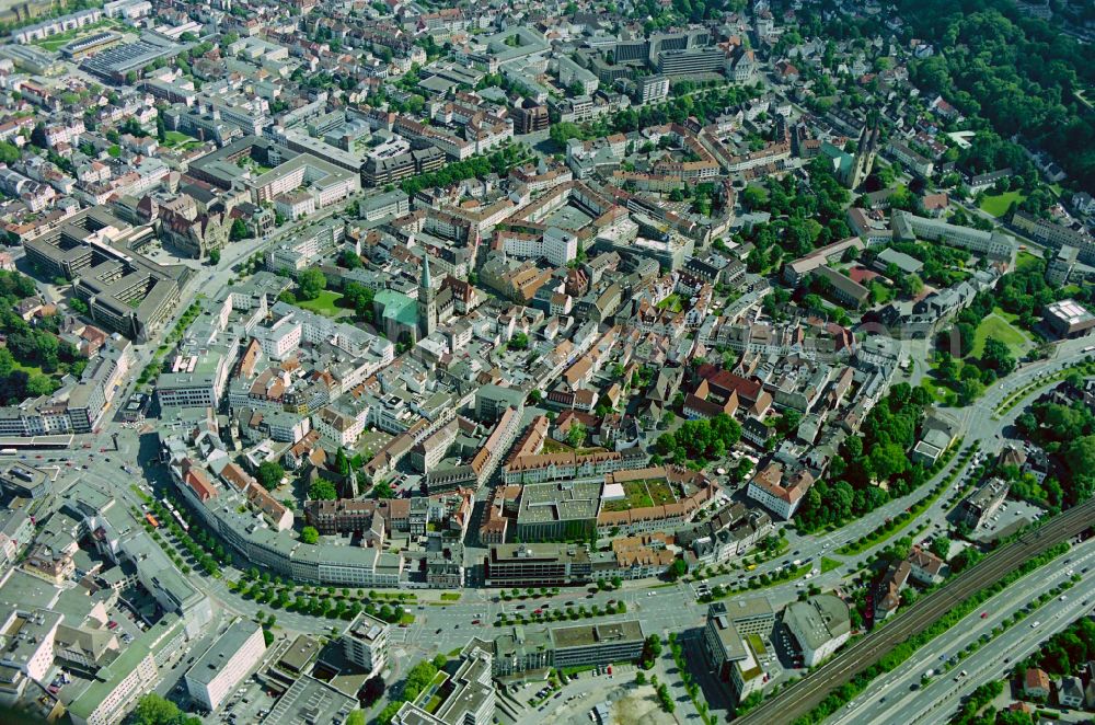 Bielefeld from above - Old Town area and city center on street Niederwall in the district Mitte in Bielefeld in the state North Rhine-Westphalia, Germany