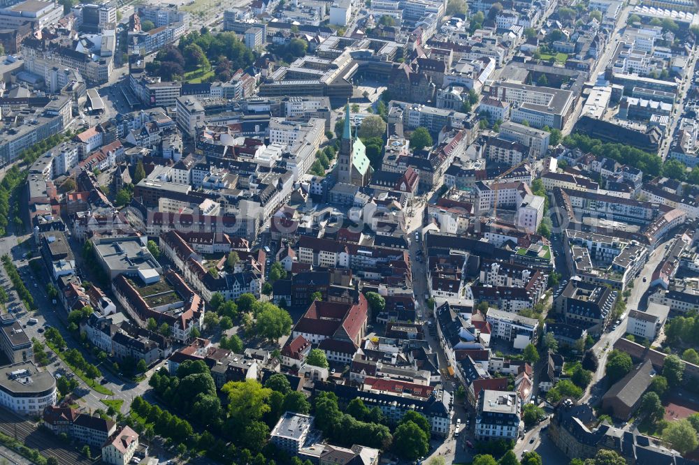 Bielefeld from above - Old Town area and city center on street Niederwall in the district Mitte in Bielefeld in the state North Rhine-Westphalia, Germany