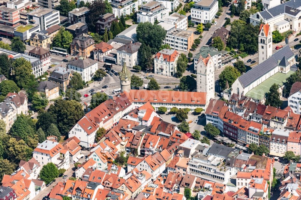 Ravensburg from above - Old Town area and city center with Blick auf den Gruenen Turm and das Frauentor in Ravensburg in the state Baden-Wurttemberg, Germany