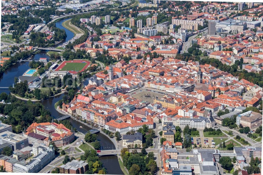 Aerial image Ceske Budejovice - Old Town area and city center in Ceske Budejovice in Jihocesky kraj, Czech Republic