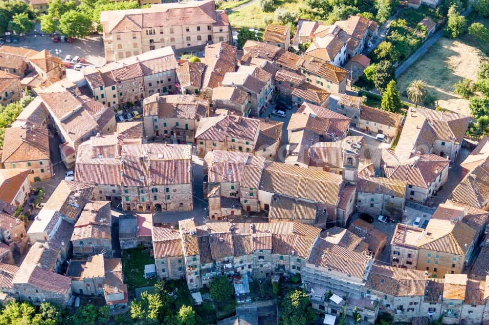 Aerial image Civitella Marittima - Old Town area and city center in Civitella Marittima in Toskana, Italy