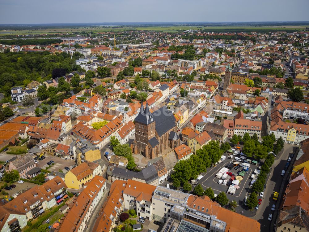 Delitzsch from above - Old Town area and city center with the church building of Stadtkirche St. Peter and Paul and the palace of the Barockschloss Delitzsch in Delitzsch in the state Saxony, Germany