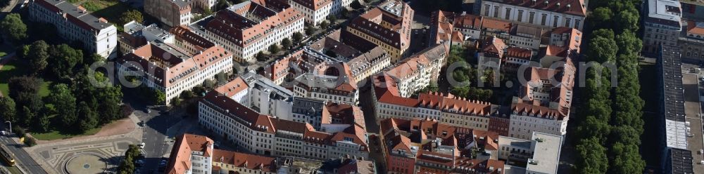 Dresden from above - Old Town area and city center along the Koenigsstrasse in Dresden in the state Saxony