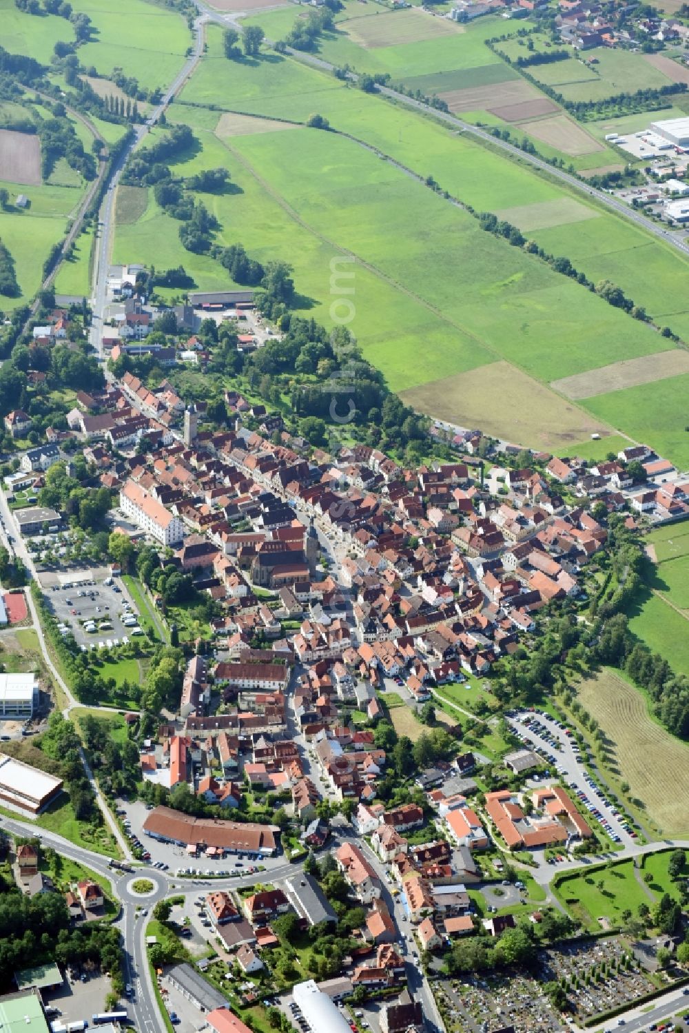 Ebern from above - Old Town area and city center in Ebern in the state Bavaria, Germany