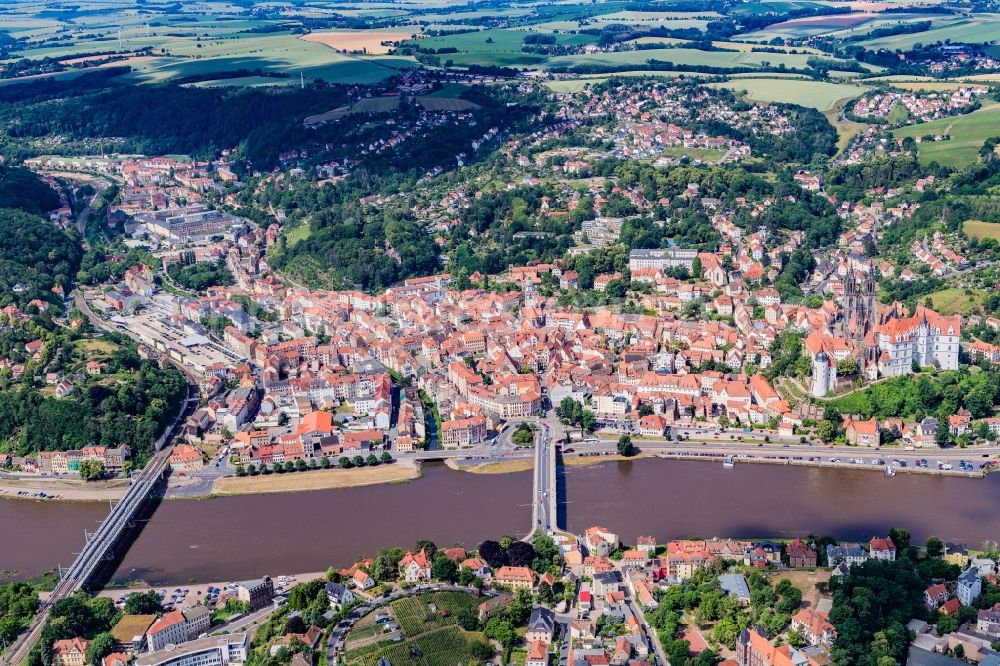 Meißen from the bird's eye view: Old Town area and city center on the Elbe river in Meissen in the state Saxony, Germany