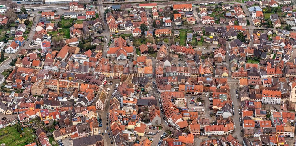 Endingen am Kaiserstuhl from above - Old Town area and city center in Endingen am Kaiserstuhl in the state Baden-Wurttemberg, Germany