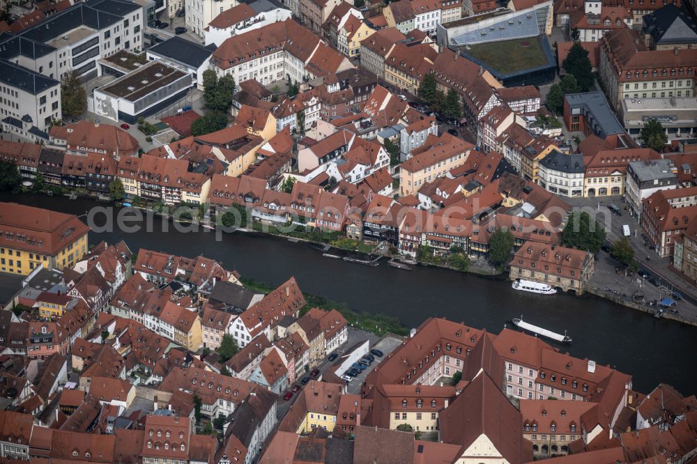 Bamberg from above - Old Town area and city center on Flusslauf of Linker Regnitzarm in Bamberg in the state Bavaria, Germany