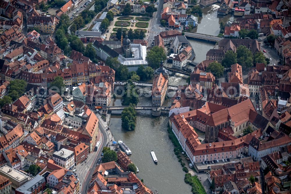 Bamberg from above - Old Town area and city center on Flusslauf of Linker Regnitzarm in Bamberg in the state Bavaria, Germany