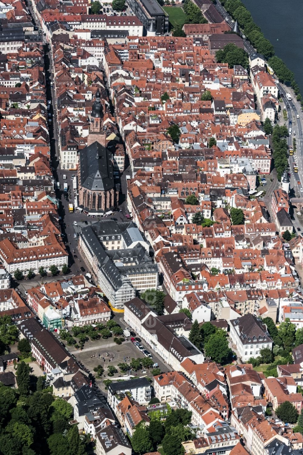 Heidelberg from above - Old Town area and city center on Flussufer of Neckar in Heidelberg in the state Baden-Wuerttemberg, Germany