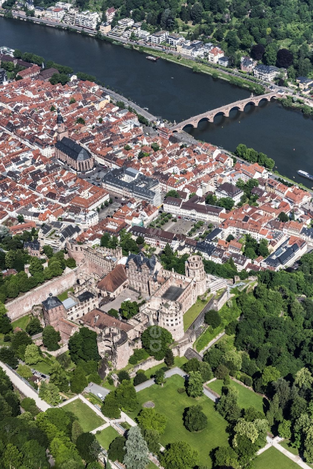 Heidelberg from above - Old Town area and city center on Flussufer of Neckar in Heidelberg in the state Baden-Wuerttemberg, Germany