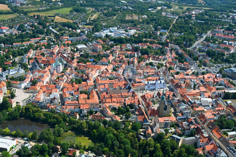 Aerial image Freiberg - Old Town area and city center on street Burgstrasse in Freiberg in the state Saxony, Germany