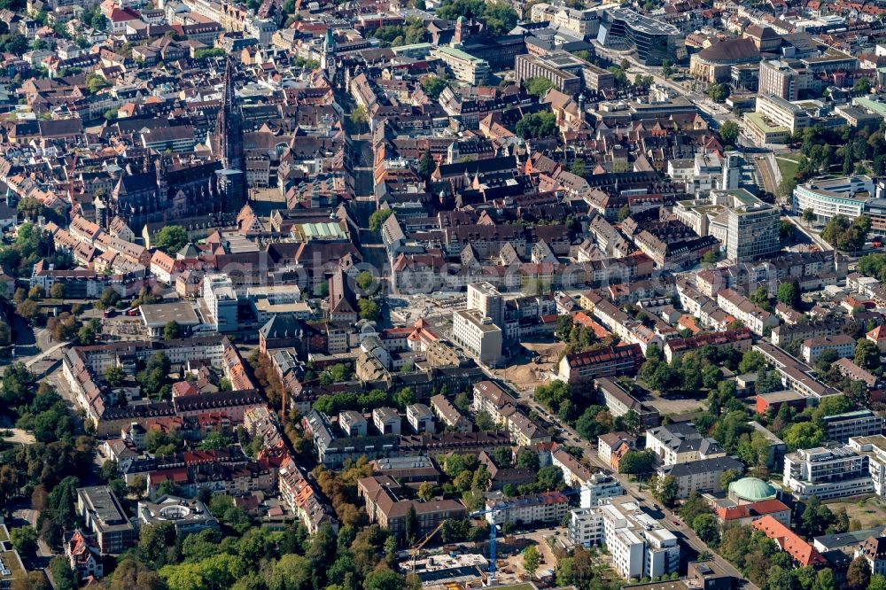 Freiburg im Breisgau from above - Old Town area and city center in Freiburg im Breisgau in the state Baden-Wurttemberg, Germany