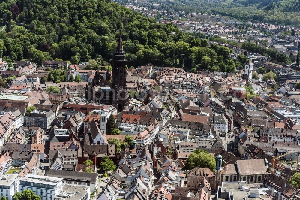 Freiburg im Breisgau from above - Old Town area and city center and Freiburger Muenster in Freiburg im Breisgau in the state Baden-Wuerttemberg, Germany