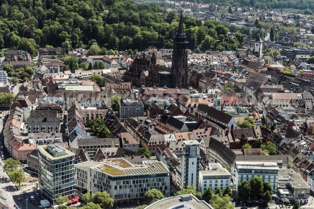 Freiburg im Breisgau from above - Old Town area and city center and Freiburger Muenster in Freiburg im Breisgau in the state Baden-Wuerttemberg, Germany