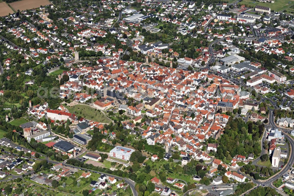 Fritzlar from above - Old Town area and city center on place Marktplatz in Fritzlar in the state Hesse, Germany