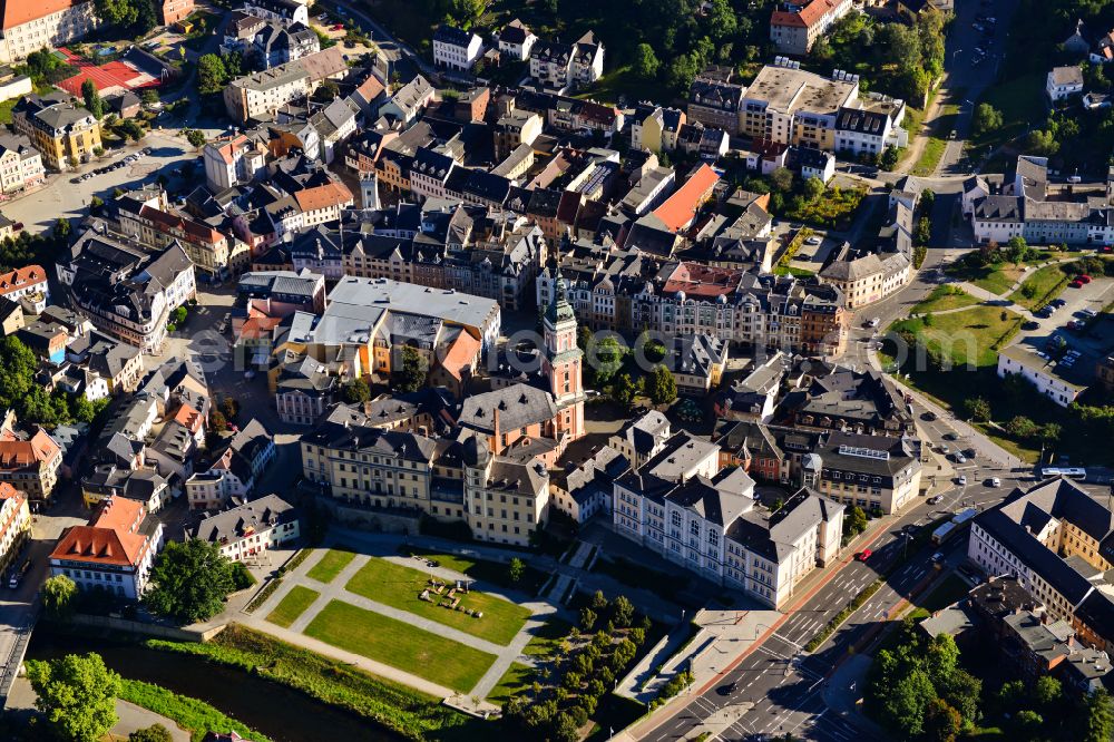 Greiz from above - Old Town area and city center in Greiz in the state Thuringia, Germany