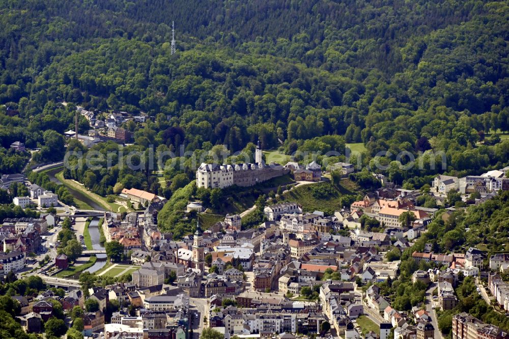 Greiz from above - Old Town area and city center in Greiz in the state Thuringia, Germany