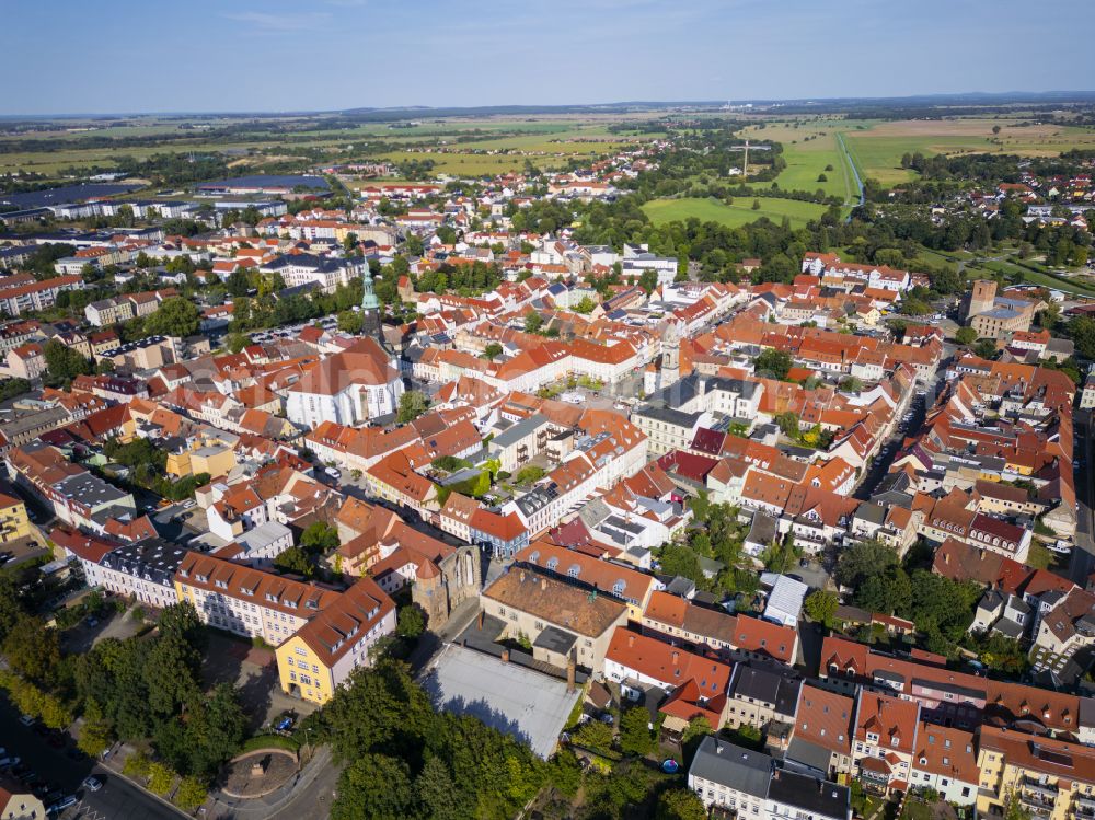 Großenhain from above - Old Town area and city center on street Apothekergasse - Hauptmarkt in Grossenhain in the state Saxony, Germany