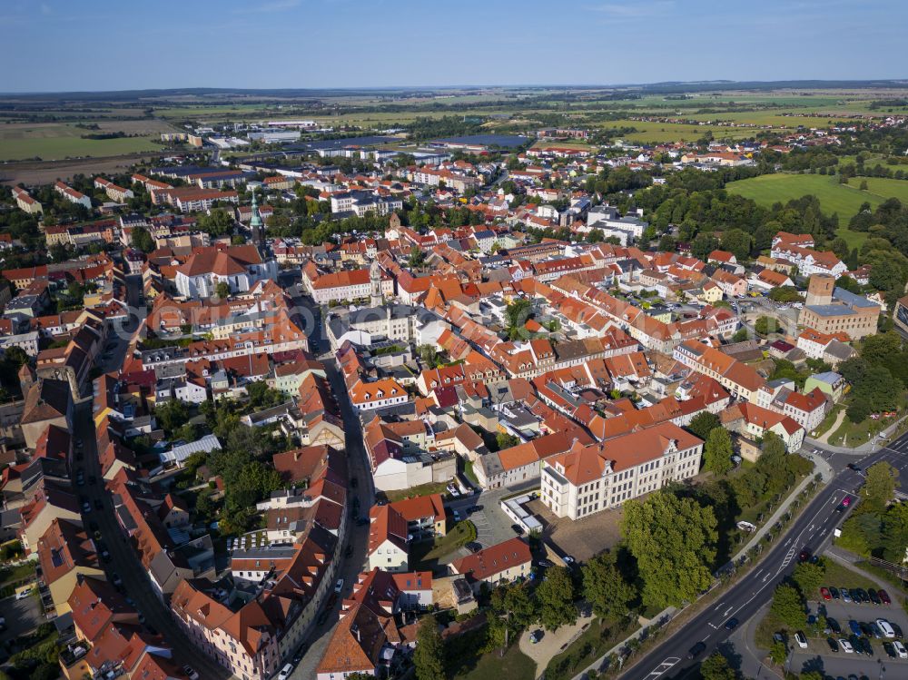 Aerial image Großenhain - Old Town area and city center on street Apothekergasse - Hauptmarkt in Grossenhain in the state Saxony, Germany