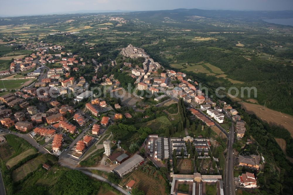 Grotte di Castro from the bird's eye view: The Old Town area and the city center of Grotte di Castro in Lazio in Italy is picturesquely situated on a ridge in the Monte Volsini