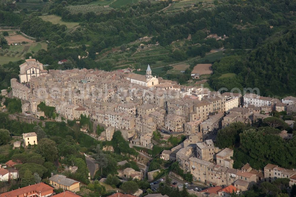 Aerial image Grotte di Castro - The Old Town area and the city center of Grotte di Castro in Lazio in Italy is picturesquely situated on a ridge in the Monte Volsini