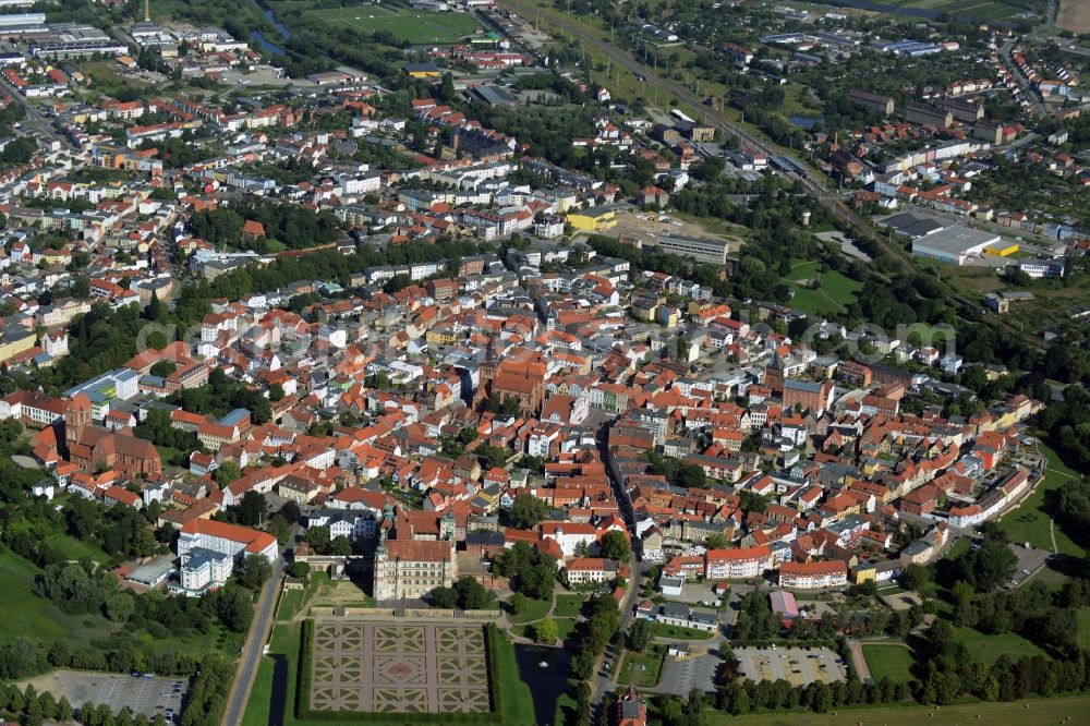 Güstrow from above - Old Town area and city center in Guestrow in the state Mecklenburg - Western Pomerania