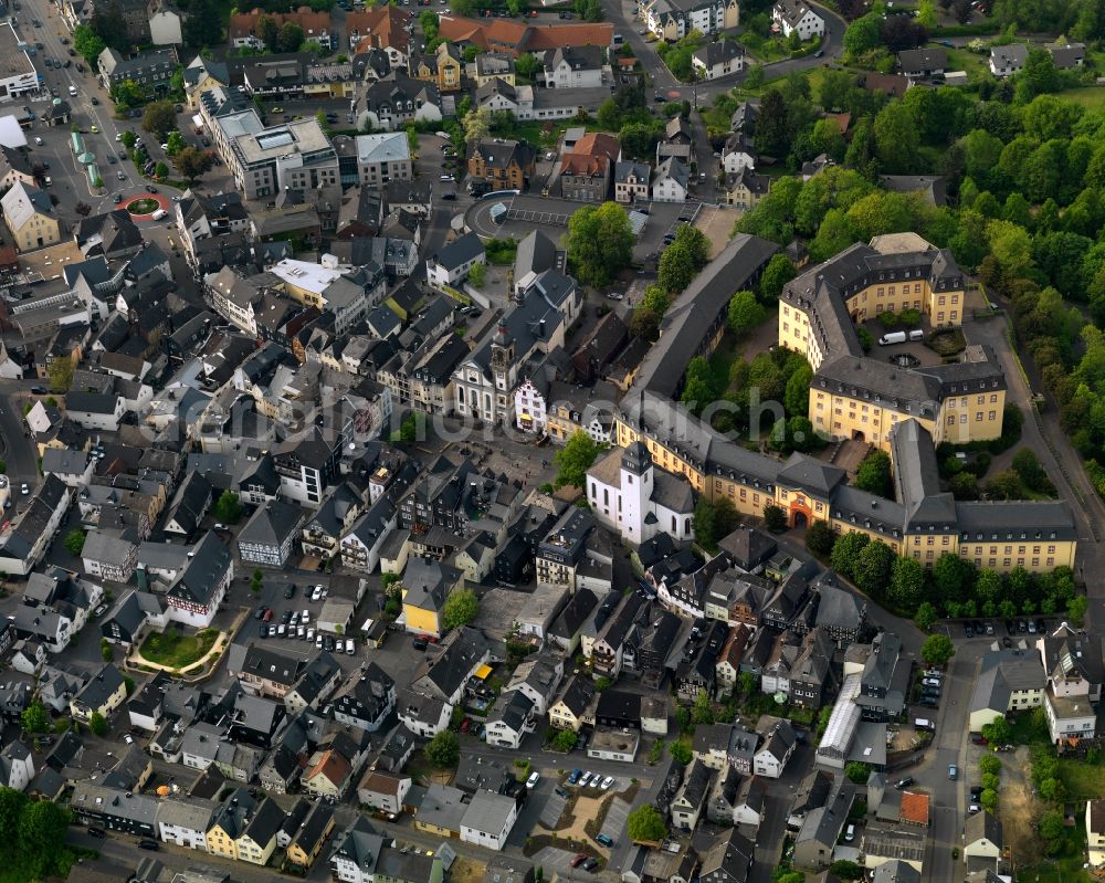 Hachenburg from the bird's eye view: Old Town area and city center in Hachenburg in the state Rhineland-Palatinate