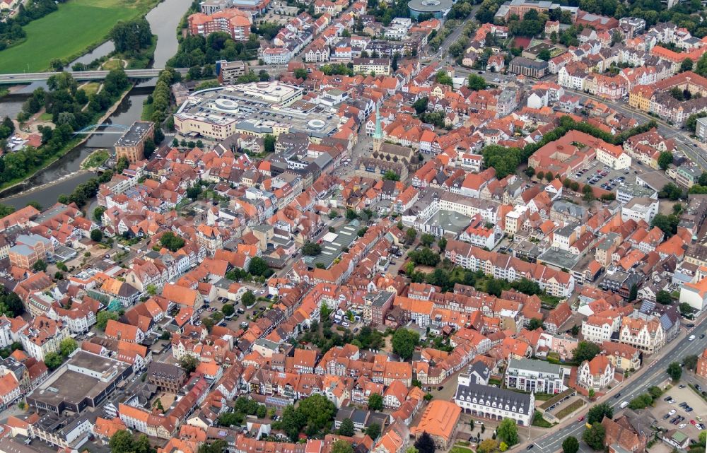 Hameln from above - Old Town area and city center in Hameln in the state Lower Saxony, Germany