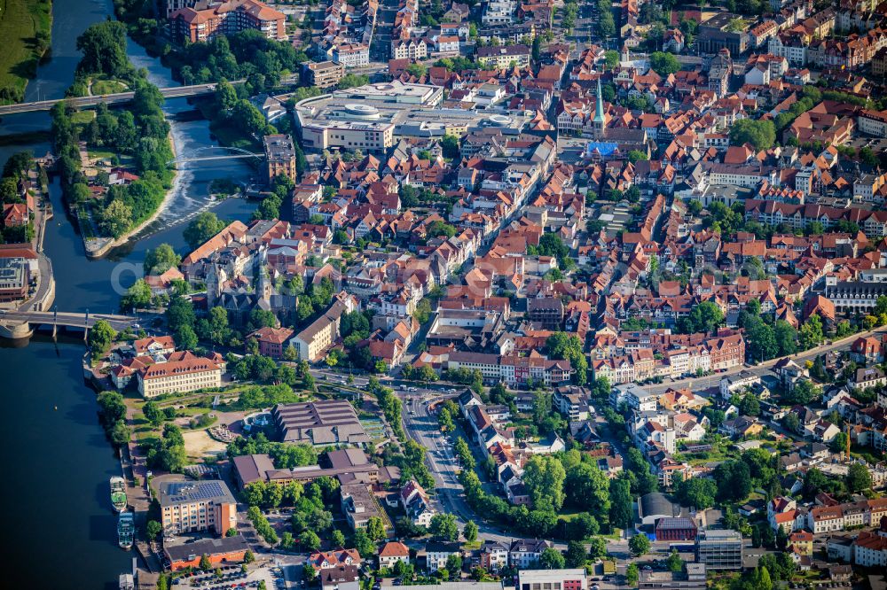 Hameln from above - Old Town area and city center in Hameln in the state Lower Saxony, Germany