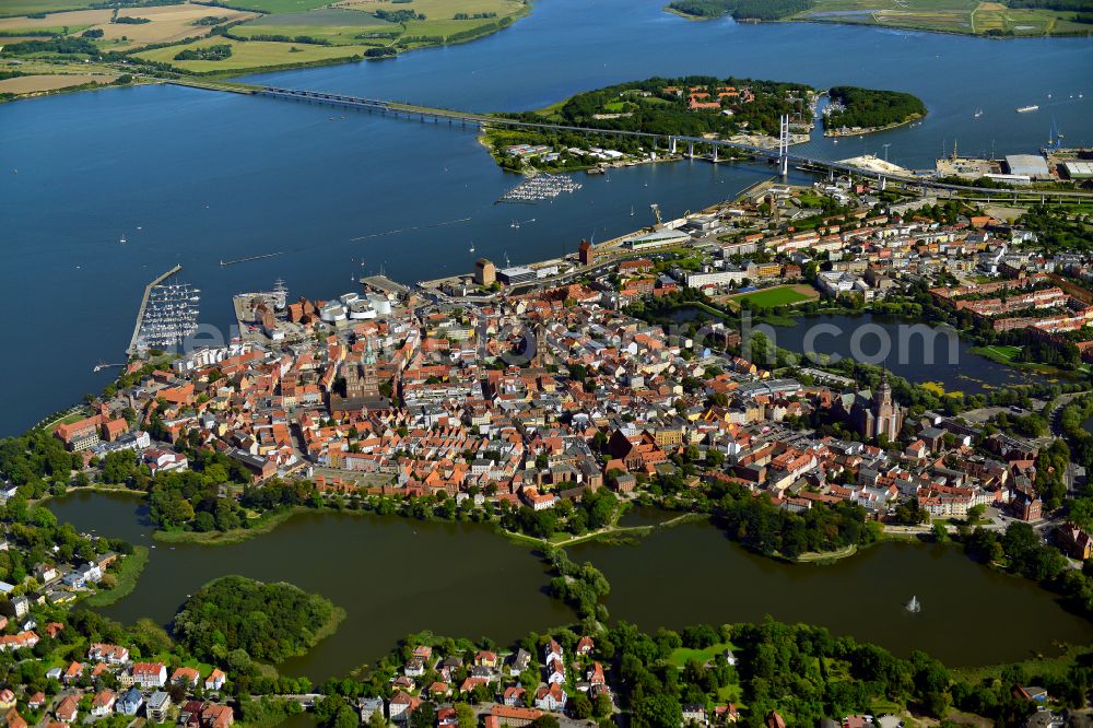 Stralsund from above - Old Town area and city center in Hansestadt Stralsund at the baltic coast in the state Mecklenburg - Western Pomerania, Germany