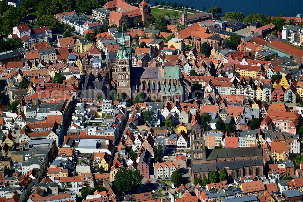 Stralsund from above - Old Town area and city center in Hansestadt Stralsund at the baltic coast in the state Mecklenburg - Western Pomerania, Germany