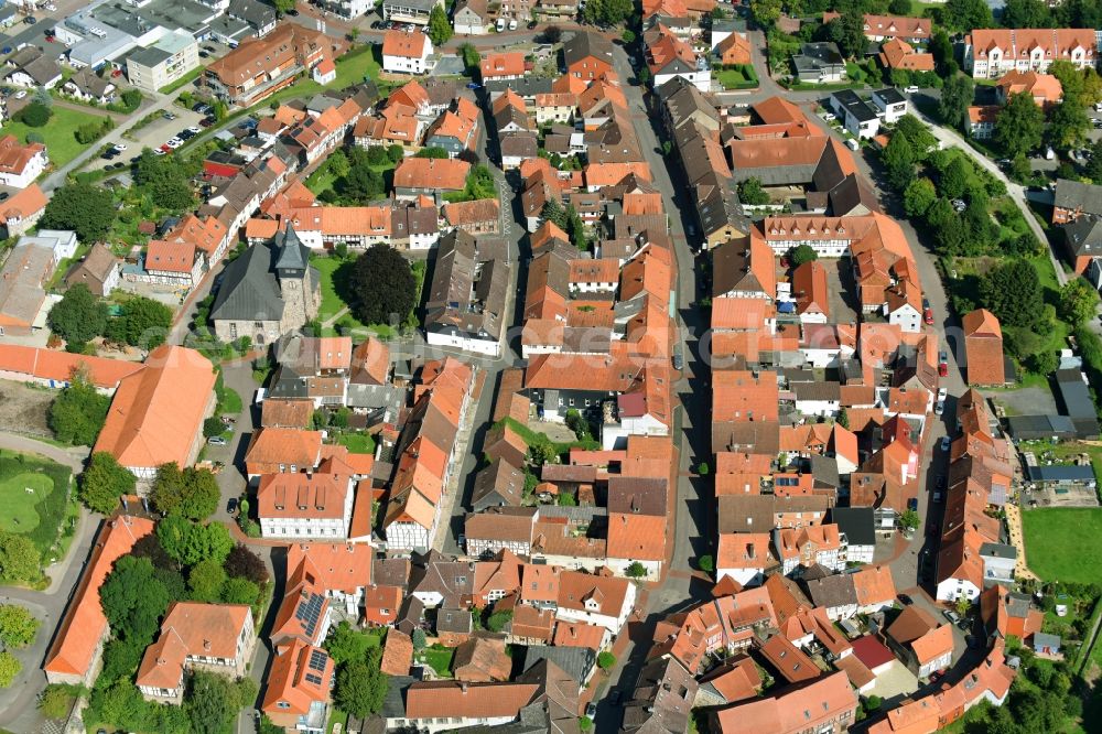 Hardegsen from above - Old Town area and city center in Hardegsen in the state Lower Saxony, Germany