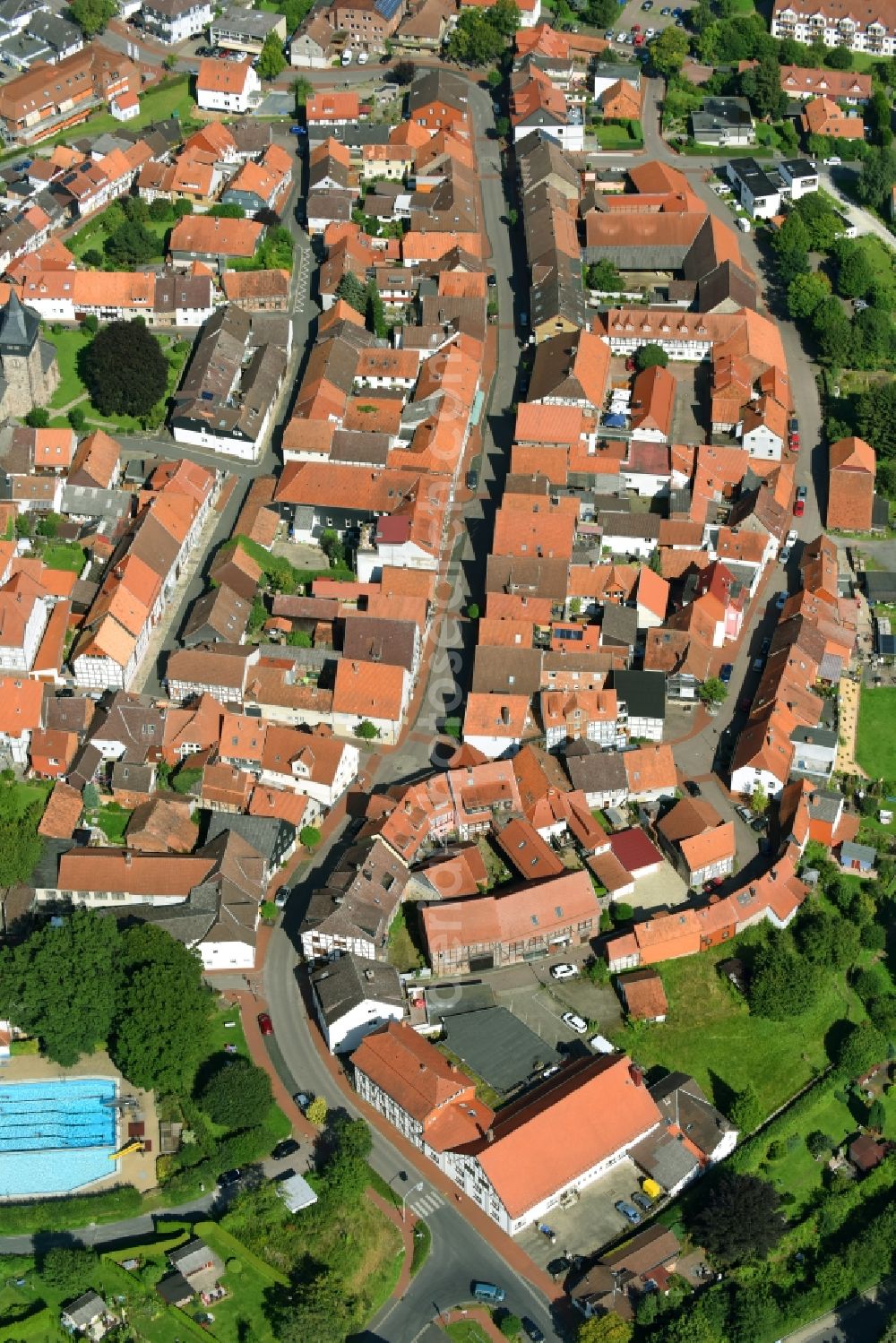 Hardegsen from the bird's eye view: Old Town area and city center in Hardegsen in the state Lower Saxony, Germany