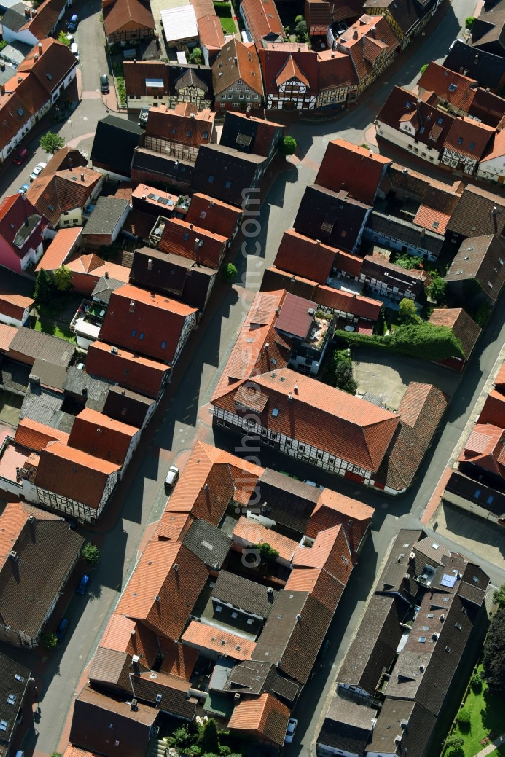 Hardegsen from the bird's eye view: Old Town area and city center in Hardegsen in the state Lower Saxony, Germany