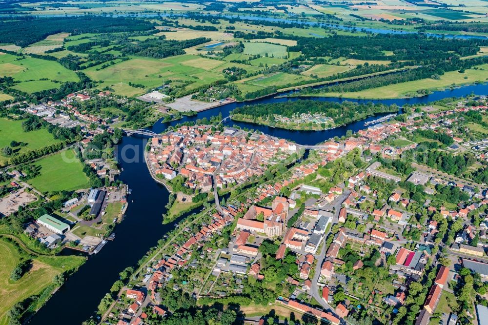 Aerial image Havelberg - Old town area and inner city center Havelberg on the Elbe in the state Saxony-Anhalt, Germany