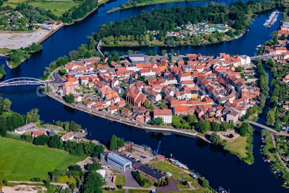 Havelberg from above - Old town area and inner city center in Havelberg surrounded by the river Havel in the state Saxony-Anhalt, Germany