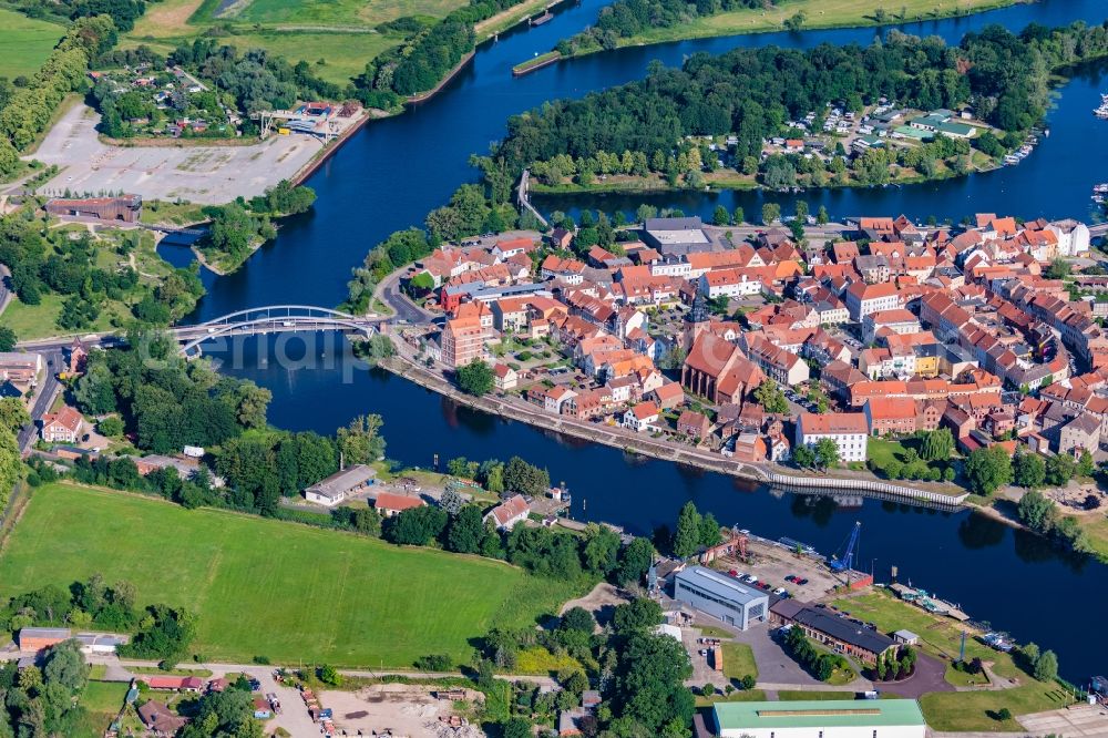 Havelberg from the bird's eye view: Old town area and inner city center in Havelberg surrounded by the river Havel in the state Saxony-Anhalt, Germany