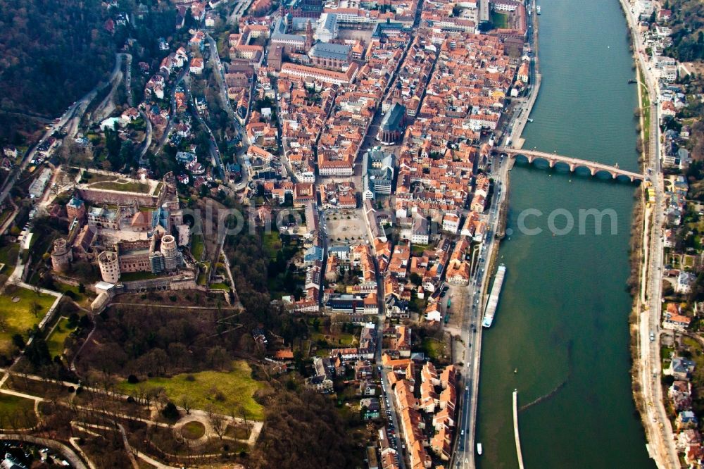 Aerial image Heidelberg - Old Town area of Heidelberg in the state Baden-Wuerttemberg. In the picture as well the old ruins of the castle