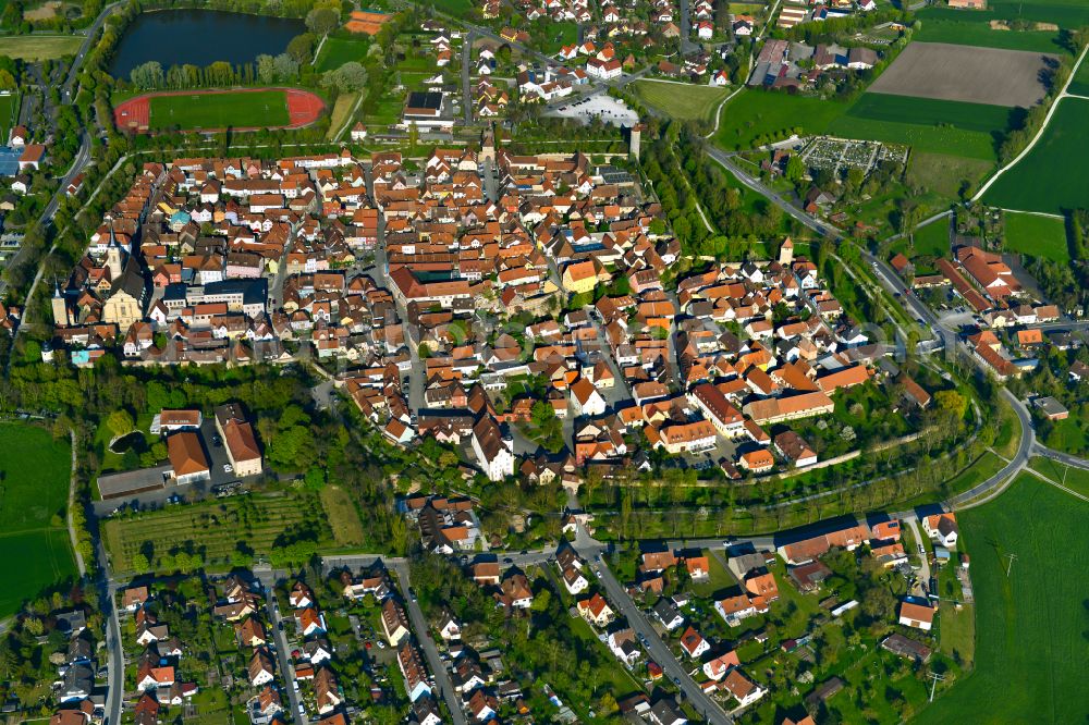 Hellmitzheim from the bird's eye view: Old Town area and city center in Hellmitzheim in the state Bavaria, Germany