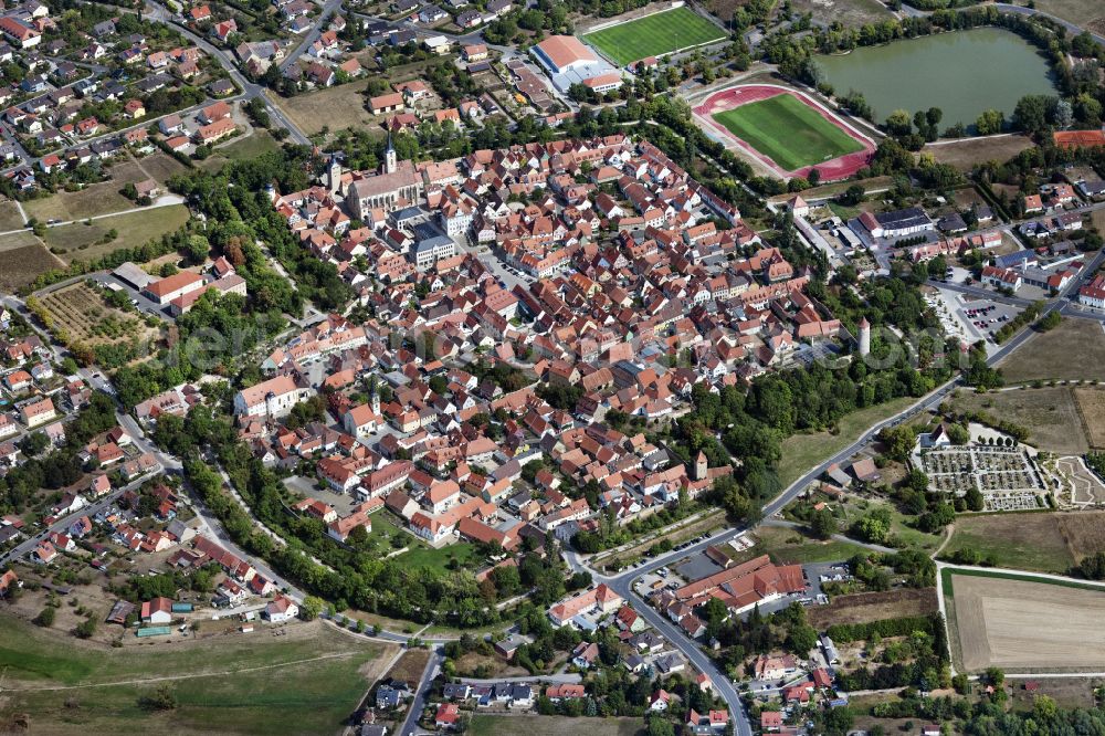 Iphofen from above - Old Town area and city center in Hellmitzheim in the state Bavaria, Germany