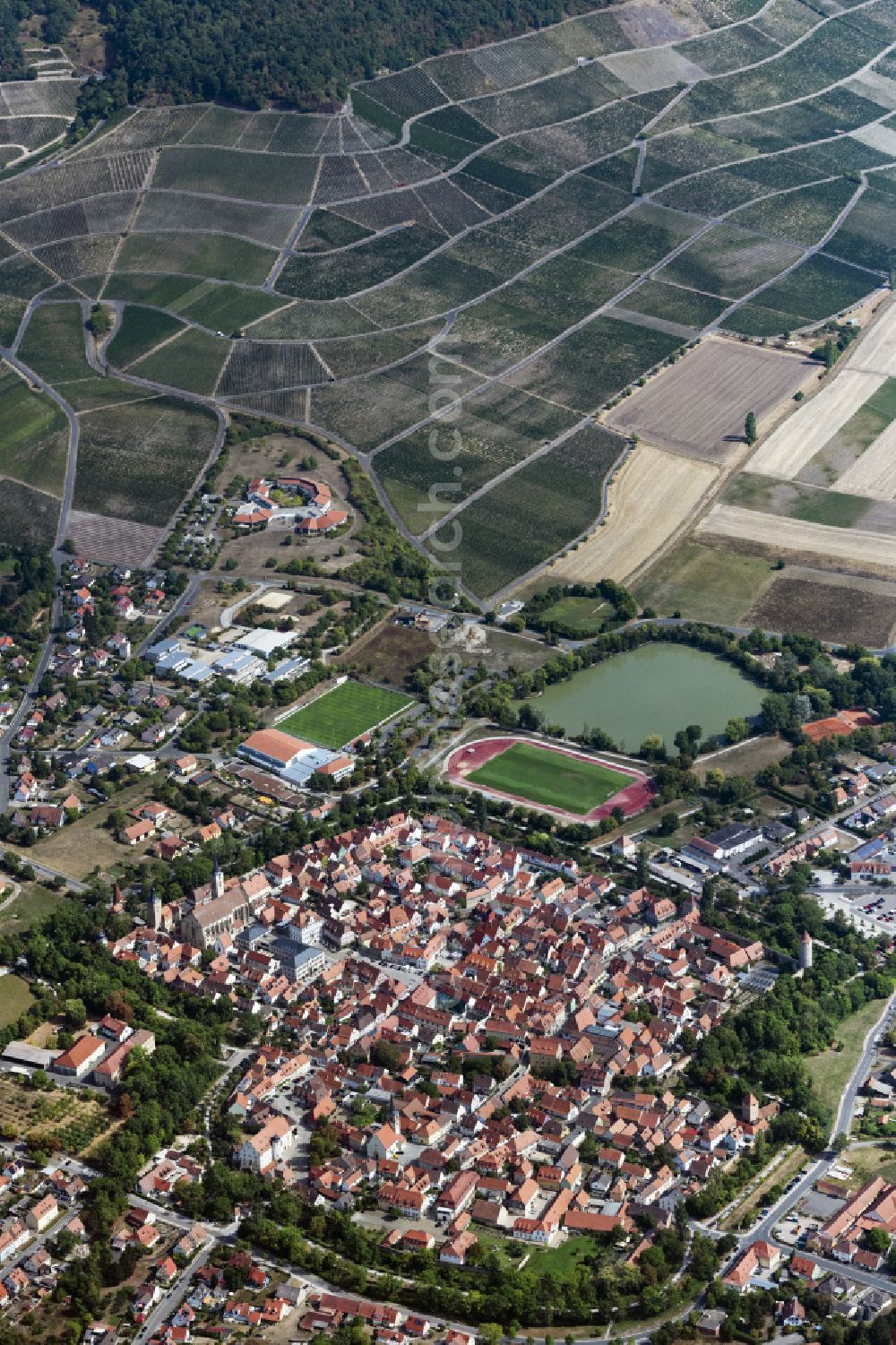 Iphofen from above - Old Town area and city center in Hellmitzheim in the state Bavaria, Germany