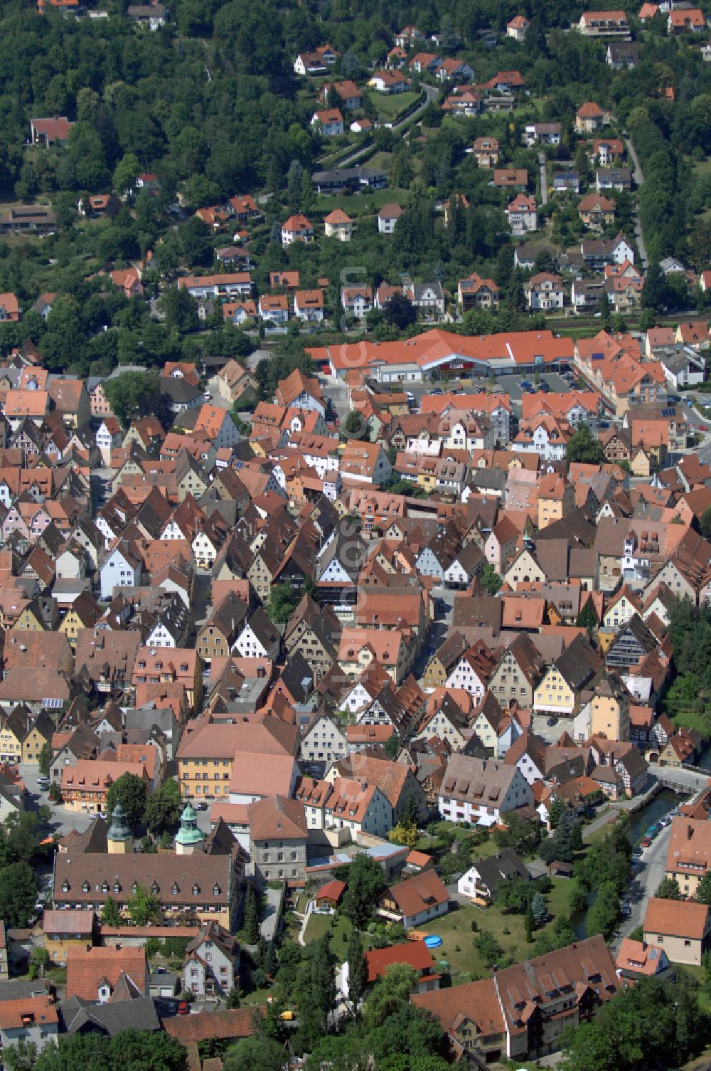 Hersbruck from the bird's eye view: Old Town area and city center in Hersbruck in the state Bavaria, Germany