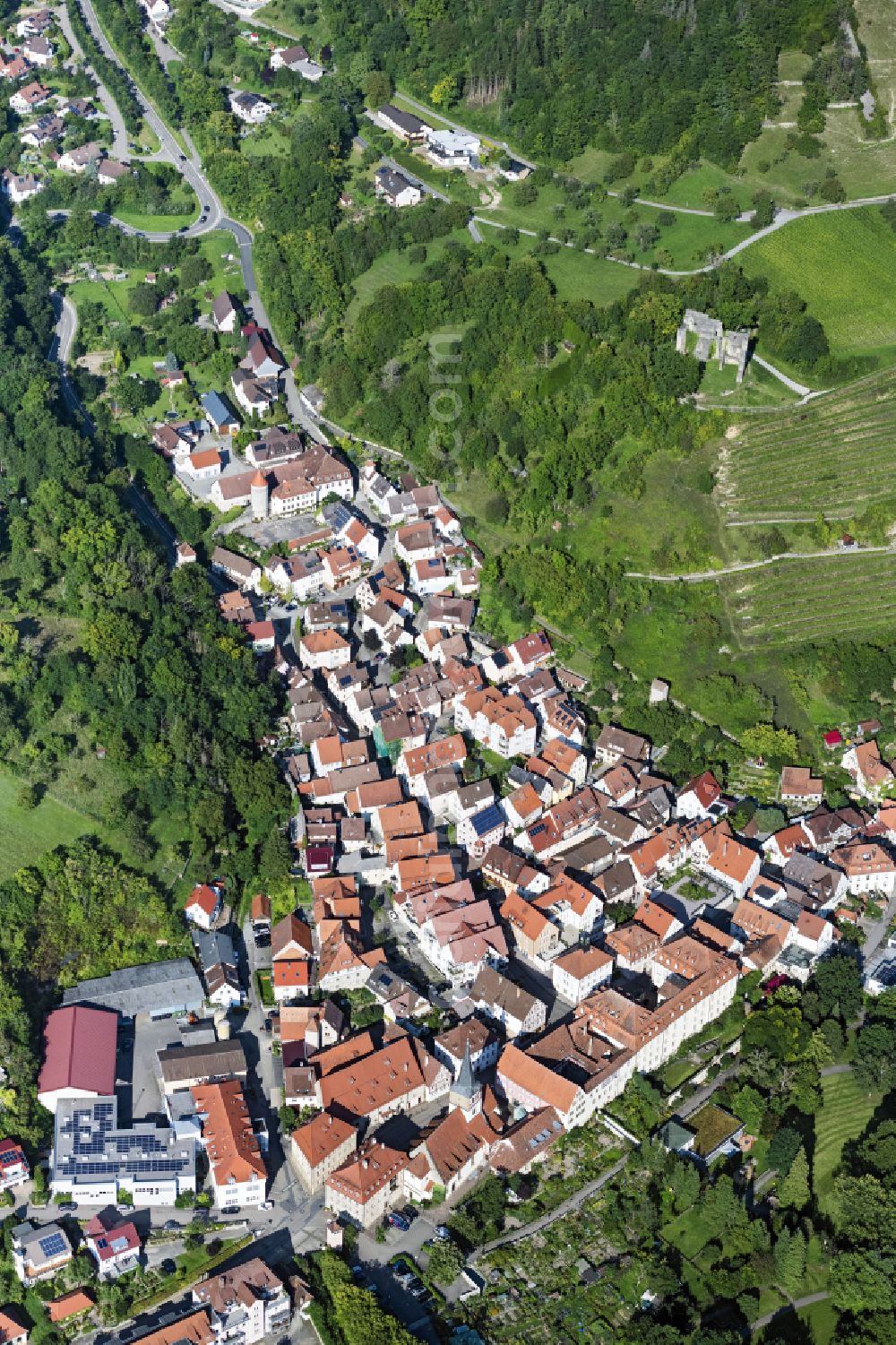 Ingelfingen from above - Old Town area and city center in Ingelfingen in the state Baden-Wuerttemberg, Germany