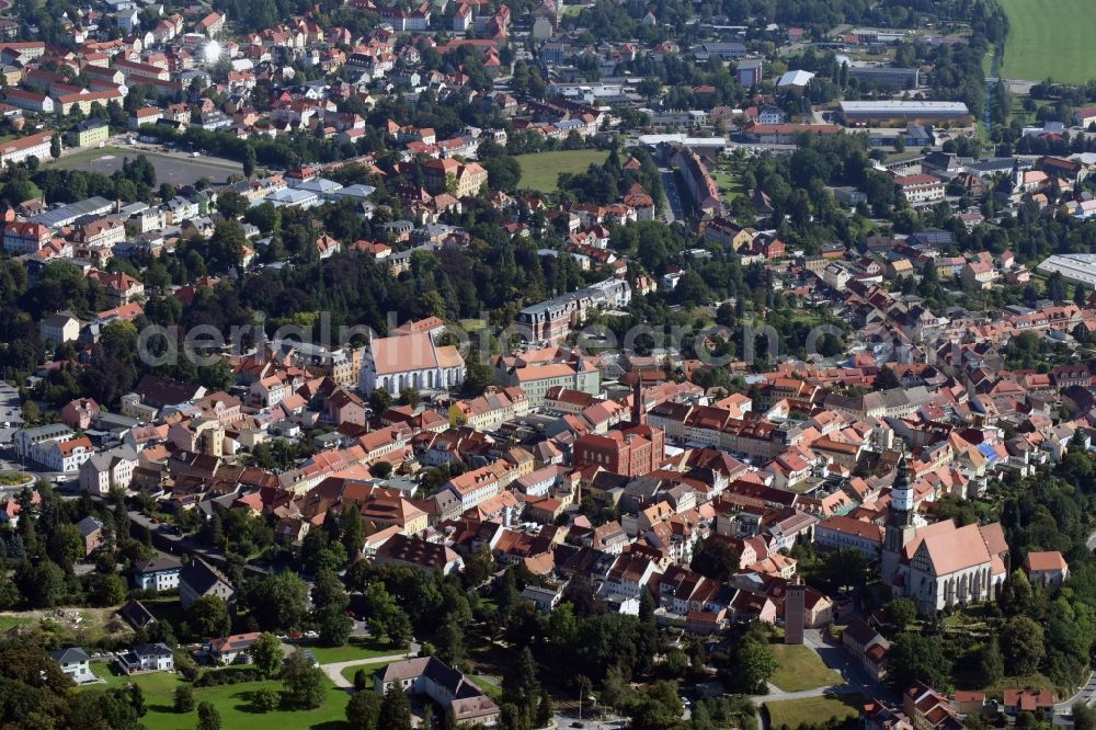 Aerial image Kamenz - Historical town center of Kamenz in the state of Saxony. View from the South of the historical buildings of the town