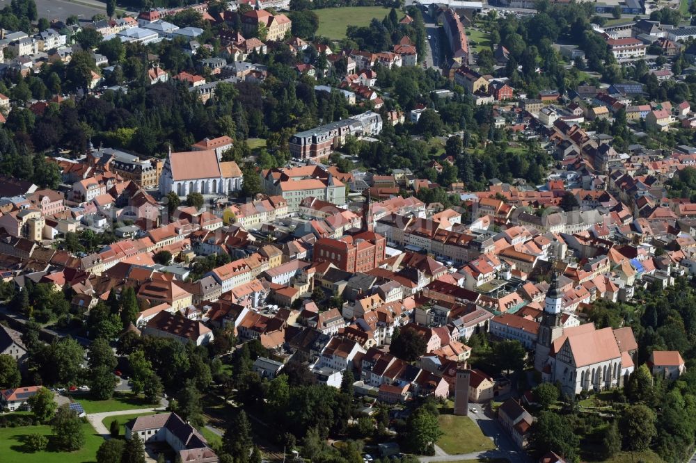 Aerial photograph Kamenz - Historical town center of Kamenz in the state of Saxony. View from the South of the historical buildings of the town