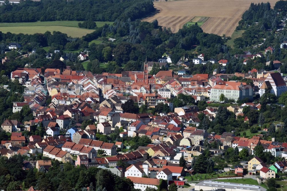 Kamenz from the bird's eye view: Historical town center of Kamenz in the state of Saxony. View from the East of the historical buildings of the town