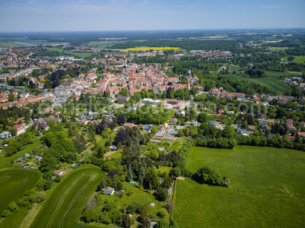 Aerial photograph Kamenz - Historical town center of Kamenz in the state of Saxony. View from the East of the historical buildings of the town