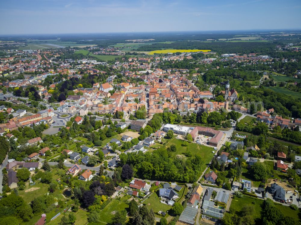 Kamenz from above - Historical town center of Kamenz in the state of Saxony. View from the East of the historical buildings of the town