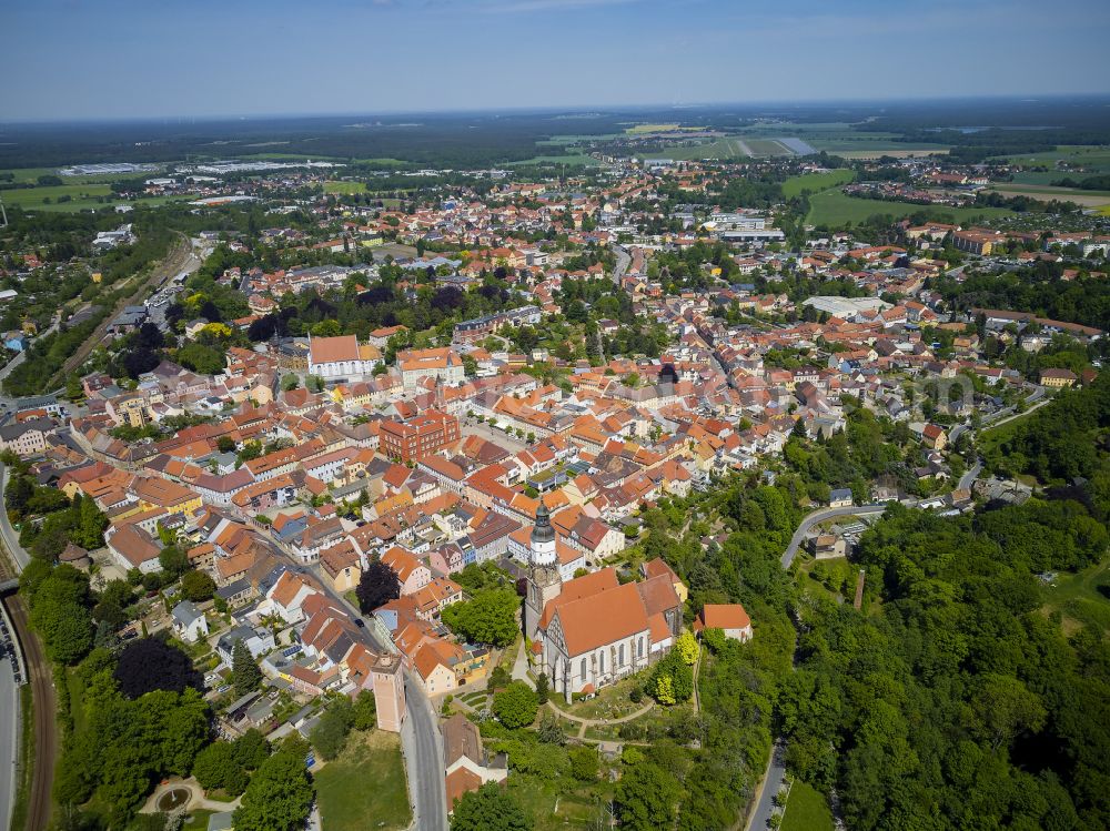 Kamenz from the bird's eye view: Historical town center of Kamenz in the state of Saxony. View from the East of the historical buildings of the town